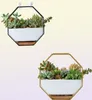 Hanging Succulent Flower Pots Ceramic Flowerpots Stand Holder Black Gold Iron Rack Bamboo Tray Desktop Geometric Cactus Planter Y24398416