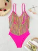 Mulheres Swimwear Sexy Colorido Tassel One Piece Swimsuit 2024 Mulheres Rosa Push Up Barriga Controle Praia Backless Banheira Terno Monokini