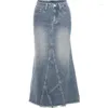 Saias jeans azul mulheres longas mulheres sexy vintage desgastado branqueado moda high street A-line personalidade casual ulzzang All-Match Faldas