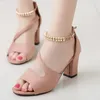 2024 Primavera/Verano Sexy Boca de pescado sandalias romanas huecas palabra gruesa con cuentas tacones altos mujeres verano Sexy sandalias para mujer 240326