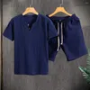 Men's Tracksuits Men Casual Outfit Sportwear Set With V-neck Short Sleeve T-shirt Elastic Drawstring Waist Wide Leg For Comfort