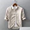 Mens Casual Shirts 2023 Cotton Linen Shirt Half Sleeve Blus Top Botton Pinstripe PLUE STORLEK 4XL Bekväma vackra män S Drop Deliv OT5VK