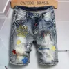 Mens jeans luxe ontwerper modemerk denim shorts heren persoonlijkheid mode gat stickers los rechte buis vijf punt broeken man broek