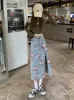 Skirts 2024 Spring And Summer Trendy Flower Split Denim Skirt Women's 5XL Slightly Fat MM Thin Bag Hip Mid-length A-line