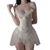 Sexy Skirt Sexy Set Womens Babydoll lingerie pajamas with floral lace and lace perspective V-neck sleeveless suspender chemical pajamas 24326