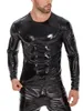 S-7xl Men Tshirt High-Gloss Patent Leather LG Sleeve Tight Coat Shiny Jacket PU Leather Hip Hop Tee Shists Muscle Shaper Tops S7LH＃