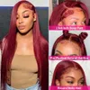 Perruque Lace Frontal Wig brésilienne naturelle, cheveux lisses, couleur rouge bordeaux 99J, 13x4, pre-plucked, Transparent, pour femmes