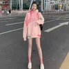 Pink hoodie för kvinnor på hösten och vintern, ny 2023 lös koreansk version, lat slips färgad långärmad plyschjacka trend