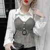 Womens Versatile Temperament Top Autumn and Winter Fashion POLO Collar Splice Buttons Up Commuting Long Sleeved Shirt 240322