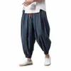 cott Linen Harem Pants Men Solid Elastic Waist Streetwear Joggers 2024 New Baggy Drop-crotch Pants Casual Trousers Men E50M#
