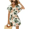 미국 패션 느슨한 캐주얼 기본 여성 드레스 여름 짧은 소매 활 사시 v 목 드레스 옐로우 작업 멍청이 210625