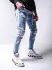 Gescheurde potloodbroek voor heren, skinny denim, biker, zijgestreepte jeans, herenfi-voetmondrits, hiphop, slanke denimbroek, T28d #