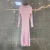 Womens pink knitted mediumlength dress senior sense of fashion temperament polo collar waistskimming long 2023 240323