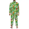 Pijamas Mens Tropical Floral Imprimir Lazer Pijamas Papagaio e Folha Duas Peças Conjuntos de Pijama Casual Lg Mangas Linda Casa Terno z47W #