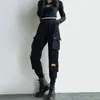 Pantaloni cargo da donna neri Ribb Pocket Jogger Elastico in vita alta Streetwear Harajuku Pant Punk Pantaloni da donna Pantaloni Harem p790 #