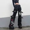 E-GIRL GOTHIC BLACK CARGO PANTS WOMEN LOW WAIST JEANS LONG POUNSERS Y2K GRUNGE VINTAGE HIP HOP PUNK HARAJUKU STREETWEAR 240309