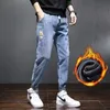 Invierno Cálido Fleece Jeans Hombres Harem Hombres Jeans Stretch Cott Grueso Veet Pantalones Hombres Azul Negro Pantalones Casuales Masculino d5Dv #