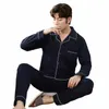 men Cott Turn Down Collar 2pcs Lg Sleeve Pant Pajama Sets With Pocket Butt Home Clothes Loose Sleepwear Casual Nightwear G6v1#