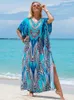 ボヘミアンシーサイドプラスサイズプリントKaftan Maxiドレスvネックスリットルーズローブ女性2024サマービーチウェア水着の隠蔽Q1415 240318