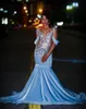 Ice Blue Sparkly Trumpet Long Prom Birthday Party Dresses For Black Girl Luxury Diamond Gillter Evening Gala Ceremony Dress