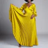 Roupas étnicas Mulheres V-Pescoço Plissado Grande Balanço Maxi Vestido Africano Verão Outono Cetim Sólido Vintage Longos Vestidos Evning Vestidos de Festa