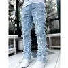 e15e Herren gestapelte Jeans Fit zerrissene Jeans zerstörte gerade Denims Hosen Vintage Hip Hop Hose Streetwear R6nL #