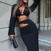 Abiti da lavoro Wefads Set a due pezzi Donna Sexy solido scollo a V manica lunga intrecciata con lacci a vita alta Top scava fuori set di gonne skinny irregolari