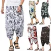 HARAJUKU SUMMER LOOK CALF LÄNGD CASSIAL PANTER Män bredben Cott Linen Tryck på baggy byxor Överdimensionerade herrbyxor O9N3#