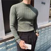 new Autumn Winter Korean Slim Fit Stripe Sweater Men Elastic Knitting Pullover Shirts Semi High Neck Solid Color Tight Sweater K2DQ#