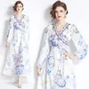 Designer Women Flower Print V-Neck Dress Flare Sleeve Elegant Swing Dresses Maxi Dresses With Belt Fashion Ladies A-line Casual Beach Party Clothes Frocks