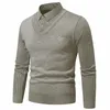 autumn and Winter New Men's Fake Two Piece Sweater with Fleece and Slim Fit Polo Collar Knitted Bottom Shirt Thickened and Warm r0TW#