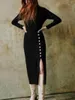 Basic Casual Dresses Side Slit Knit Dress Women Half Turtleneck Buttons Long Sleeve Slim Fit Female Temperament Midi Robe 2023 Autumn Otanu