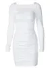 Uched sólido feminino manga longa mini vestido bodycon sexy festa elegante streetwear outono inverno clube roupas brancas 240320