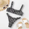 Women's Swimwear Leopard Print Bandeau Bikini 2024 Women Thong Sexy Push Up Swimsuit Bathing Suit Set Beachwear