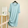 Mulheres sleepwear algodão fdfklak nightgowns listrado nightshirt femme manga mulheres soltas noite sono nuisette vestido feminino curto verão