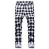 men's Black and White Plaid Printed Jeans Fi Check Digital Print Slim Straight Pants Stretch Trousers Y4Wt#