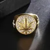 Band Rings Business Mens Gold Inlaid Maple Leaf Ring Mens Punk Inlaid White Zircon Wedding Party Jewelry J240326