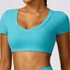 Yoga Outfit Solid Color V Collar Bra Women High Intensity Short Sleeve Gym Top Clothes Fitness Running Workout Shirt