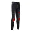 Herren Cracked Red Plissee Patch Biker Jeans Streetwear Patchwork Stretch Denim Hosen Skinny Tapered Black Hose Y4on #