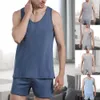 clothes Mens Pajamas Set Loungewear Nightie Nightwear Plaid Shirt Shorts Sleepwear Sleevel Solid Color Tank Top 10DE#