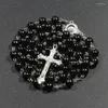 Pendant Necklaces Multicolor Beads Rosary Necklace Men And Women Long Imitation Pearl Cross Faith Necklace.