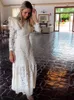 Women White Lace Hollow Out Maxi Dress Aline High Collar Long Sleeve Office Vestidos Fashion Lady Elegant Streetwear 240321