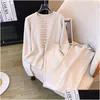 Kvinnor Tvåbitar byxor Passar stickade 2 stycken Set Tracksuits Women Autumn Personlig knapp Casual O-Neck Loose Sweater Wide Leg Suits Dr Otbhj