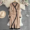 Casual Dresses Autumn Knitted Dress Women V-neck Double-breasted Long-sleeved Split Long Skirt Fashion Slim Patchwork Sweater