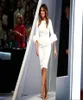 Melania Trump Little White Dresses Sheath Crew Halsringning veckad med baloon ärmar och bakre delning av knälängd Kändis Party Gow2560705