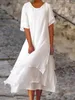 Festklänningar 2024 casual maxi lång vit klänning kvinnor mode två lager slits kort ärm o nack sommar tunicas