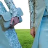 Elegante knielange Kleider für die Brautmutter, Anzüge, kurz, zweiteilig, blaugrün, mit langen Ärmeln, Bräutigam-Mutterkleid für Hochzeit, Spitze, UK, A1730028