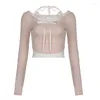 T-shirt Femme T-shirts Y2K Dentelle Patchwork Contraste Couleur Top Court Rose Style Coréen Slim-Fit Tops Tricotés Coquette Esthétique Long Othc7