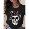 Skull Head Butterfly Flower Print Women T Shirt Short Sleeve O Neck Loose Tshirt Ladies Tee Tops Camisetas Muje 240315