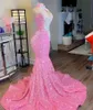 Gorgeous Pink Sequined Prom Dresses With Silver Applique Crystal Beaded Mermaid High Neck Evening Dress Partu Gowns African Girls Vestidos de bal BC18269